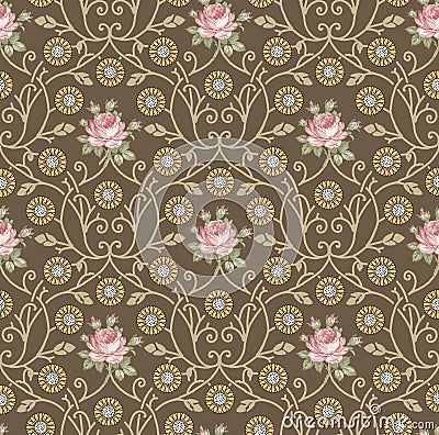 Seamless pattern Roses Chamomile isolated flowers Vintage background Drawing engraving Vector illustration Vector Illustration