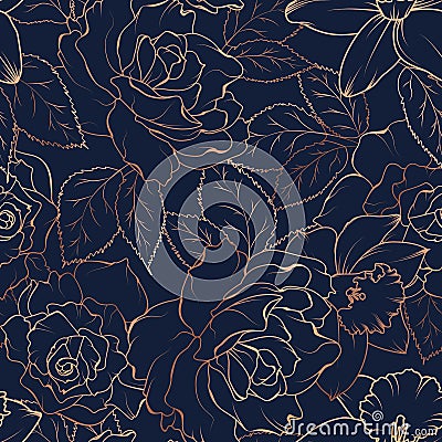 Seamless pattern with roses and daffodils on dark. Vector illustration. Vector Illustration