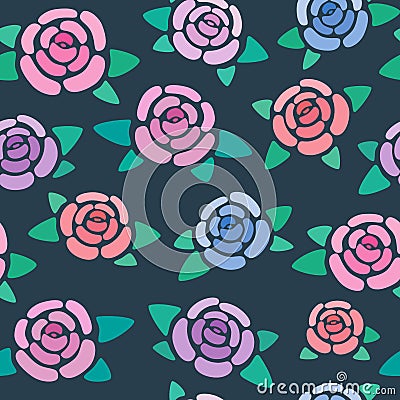 Seamless pattern with roses on dark background, nice and simple stylized, flowers, vector wallpaper Vector Illustration