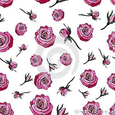 Seamless pattern of roses. Roses with leaves. Vector Illustration