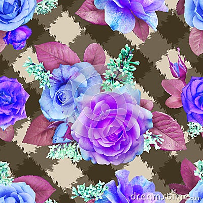 Seamless pattern of roses and lilacs on a checkered background Stock Photo