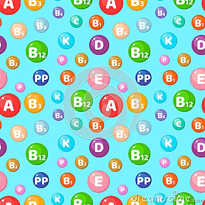 Seamless pattern with round colored vitamins. Background with trace elements for use in medicine and health. Vector Illustration