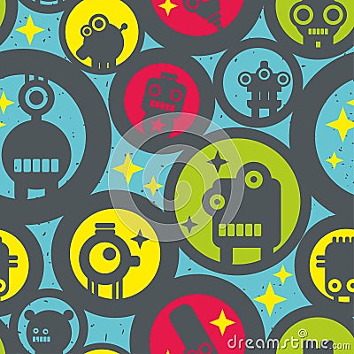 Seamless pattern with round shapes and space robots. Vector Illustration