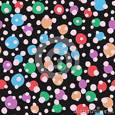 Seamless pattern with rounded spots on dark background. Irregular colorful polka dot. Vector illustration. Vector Illustration