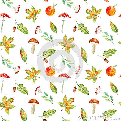 Seamless pattern of a rowan, floral, basket, berries,maple,boletus, apple and agaric. Cartoon Illustration