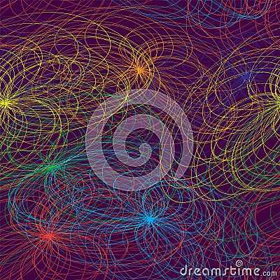 Seamless pattern with rows of rainbow intersecting ovals on purple background Vector Illustration