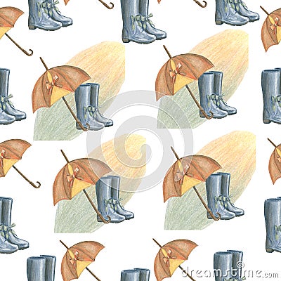 Seamless pattern of rubber boots, umbrella and abstract spot. Made in the technique of colored pencils. Hand drawn Stock Photo