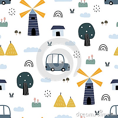 Seamless pattern Rural village cartoon background with houses and windmills Vector Illustration