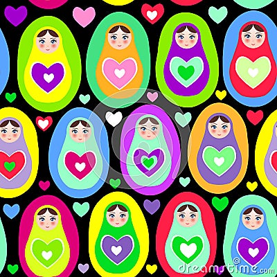Seamless pattern Russian dolls Matryoshka on white background, bright colors. Birthday, baby shower, party, design. Vector Vector Illustration