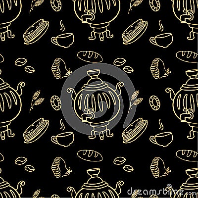 Seamless pattern with Russian traditional food and Samovar Vector Illustration