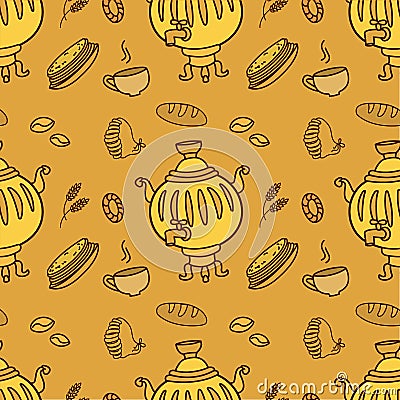 Seamless pattern with Russian traditional food and Samovar Vector Illustration