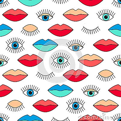 Seamless pattern in 80s style with eyes and lips. Vector Illustration