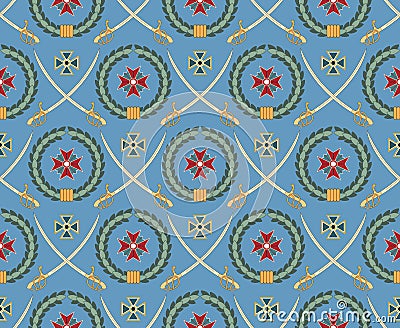 Seamless pattern with sabers, wreaths and medals Vector Illustration