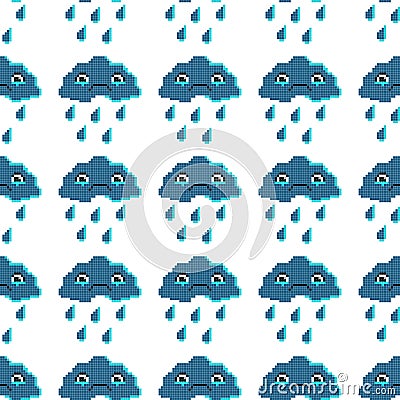 Seamless pattern with sad cloud. Pixel art background, cartoon vector illustration. Vector Illustration