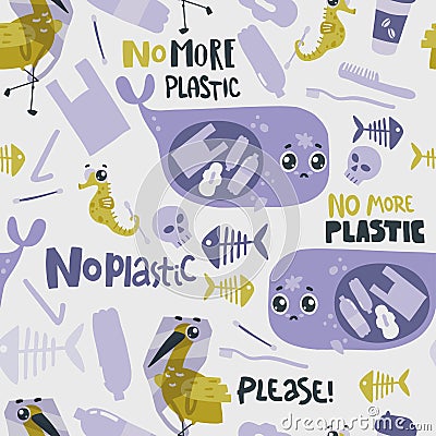 Seamless pattern with sad sea animals and plastic garbage in the ocean. No more plastic Vector Illustration