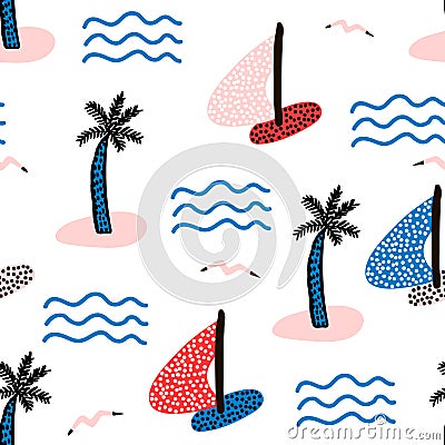 Seamless pattern with sailboats. Marine summer modern background. Vector Illustration Stock Photo