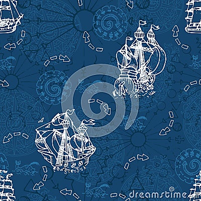 Seamless pattern with sailboats and wind compass on blue Vector Illustration