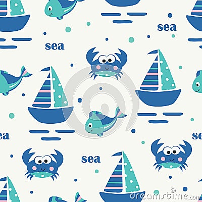 Seamless pattern with sailing ship, fish and crabs Vector Illustration