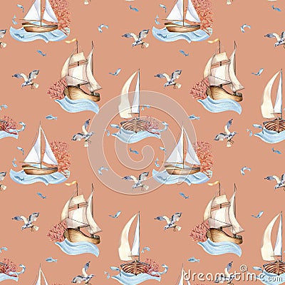 Seamless pattern of sailing ship vintage style watercolor illustration isolated on beige. Sailboat, vessel on waves Cartoon Illustration