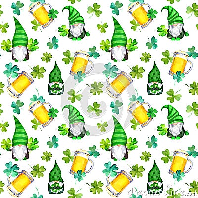 Seamless pattern for Saint Patrick day - gnomes, lucky four leaf clover, beer mugs. Watercolor holiday repeated backdrop Stock Photo