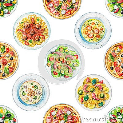 Watercolor seamless pattern with plates with food Cartoon Illustration