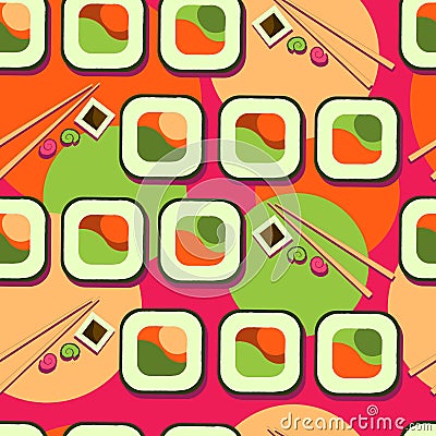 Seamless pattern with salmon fillet. Red flesh fish. sushi pattern.Advertising sushi and rolls. Asian food. Japanese food Vector Illustration