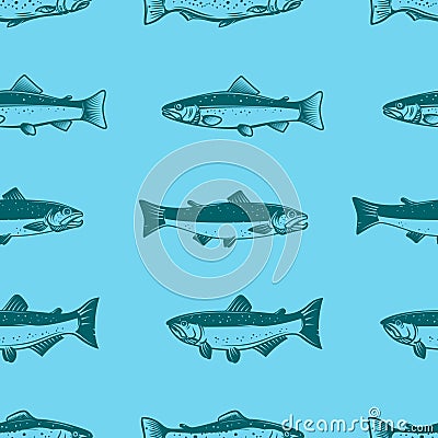 Seamless pattern with salmons. Seafood pattern. Design element for poster, card, banner, flyer. Vector Illustration