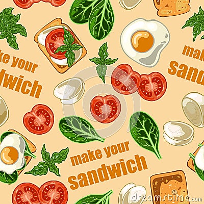 Seamless pattern with sandwich and ingredients for sandwich Vector Illustration