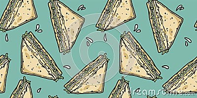 Seamless pattern with sandwiches with meat, cheese and vegetable for design of label or food banner. Breakfast fast food Vector Illustration