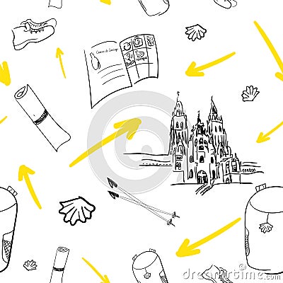Seamless pattern with the Santiago de Compostela Archcathedral Basilica yellow arrow and pilgrim needed things. Backpack Stock Photo
