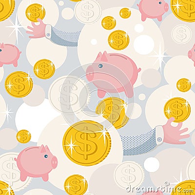 Seamless pattern with saving pigs and money. Vector Illustration