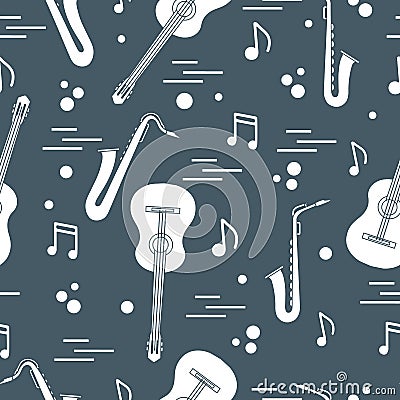 Seamless pattern with saxophones, notes, guitars. Vector Illustration