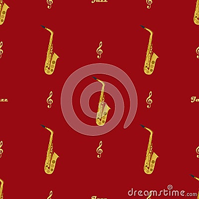 Seamless pattern with saxophones, treble clefs and word jazz. May be used for wrapping, book covers, envelope etc. Vector Illustration