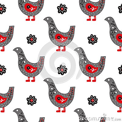 Seamless pattern with Scandinavian birds and flowers. Vector Illustration
