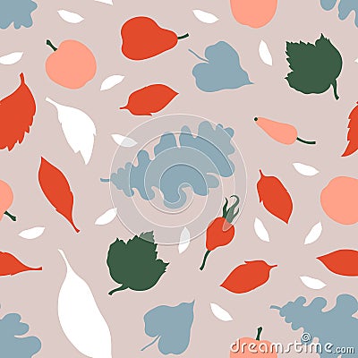 Seamless pattern in Scandinavian style. Autumn fruits and berries, pears, apples, leaves. Vector Illustration