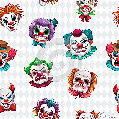 Seamless pattern with scary clown faces on the white background. Vector Illustration