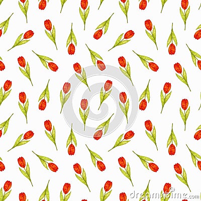 Seamless pattern with scattered red tulips on a white background. Spring time, flowers. Pencil drawing. Design for textiles, Stock Photo
