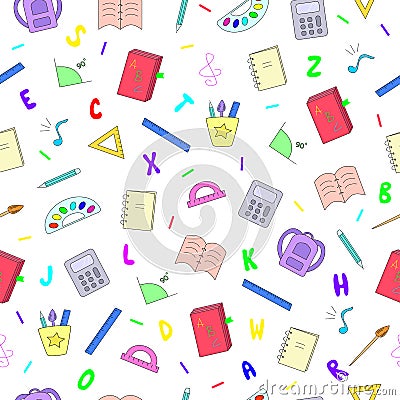 Seamless pattern school items backpack book notebook pen calculator paintbrush letters ruler Back to school . Concept Vector Illustration