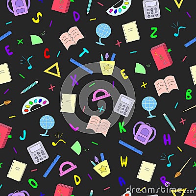 Seamless pattern school items backpack book notebook pen calculator paintbrush letters ruler Back to school . Concept Vector Illustration