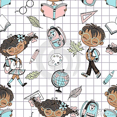 Seamless pattern on the school theme with school children and school accessories. Back to school. Checkered background Vector Illustration