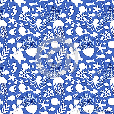 Seamless pattern with sea animals. White and blue. Octopus, fish, whale, seahorse, seashells, seaweed, starfish, turtle Cartoon Illustration