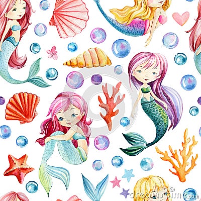 Seamless pattern, sea background with mermaids, bubbles, seashells, corrals and starfish, watercolor drawing Cartoon Illustration