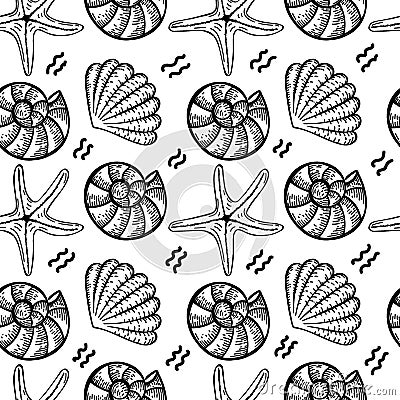 Seamless pattern of sea creatures, hand-drawn in sketch style. Shells and starfish. White background. Isolated. Summer Vector Illustration