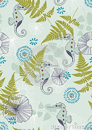 Seamless Pattern with Sea-horses Vector Illustration