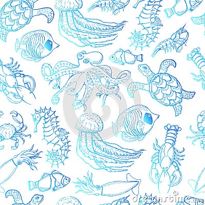 Seamless pattern with sea inhabitants on a white background Cartoon Illustration