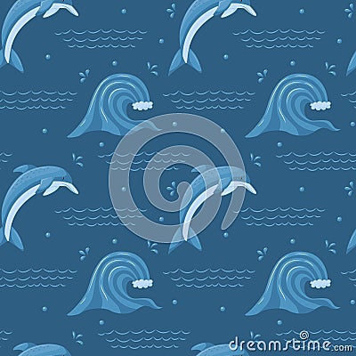 Seamless pattern with sea, ocean wave and cute diving dolphin. Sea element and aquatic animal. For summer, beach textiles. Vector Vector Illustration