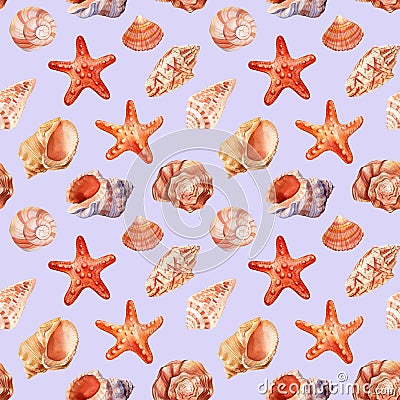 Seamless pattern with sea shells. Watercolor nautical background for wallpaper, wrapping paper, banner, card Cartoon Illustration