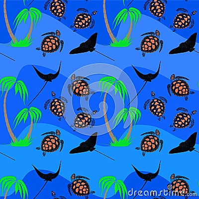 Seamless pattern from sea turtles and bat ray near palm tree Vector Illustration