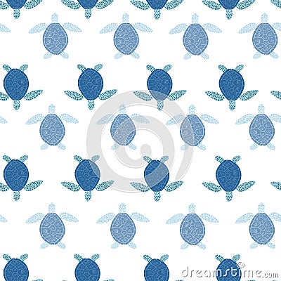 Seamless pattern sea turtles. Cute marine turtle in doodle style Vector Illustration