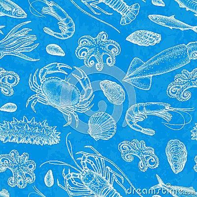 Seamless pattern with seafood and fish. Vector Illustration